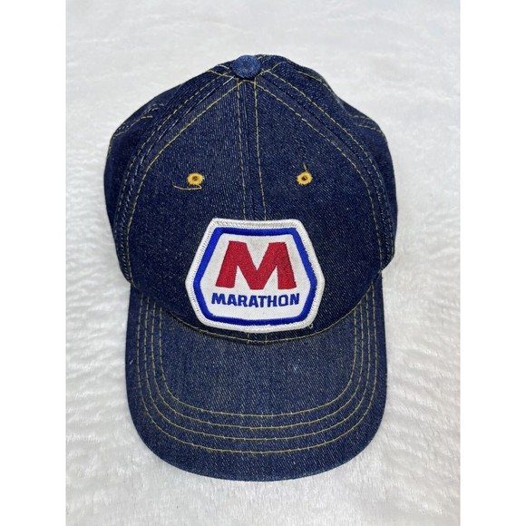 Vintage Marathon Petroleum Oil Advertising Trucker Hat Blue Denim Snap Back